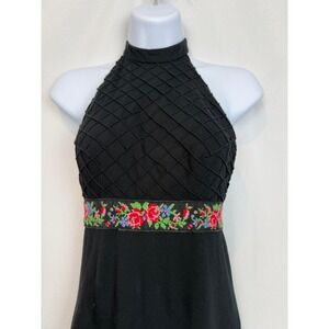 Lanz Womens Holiday Dress Maxi Size XS Black Halter Embroidered Folk Vintage